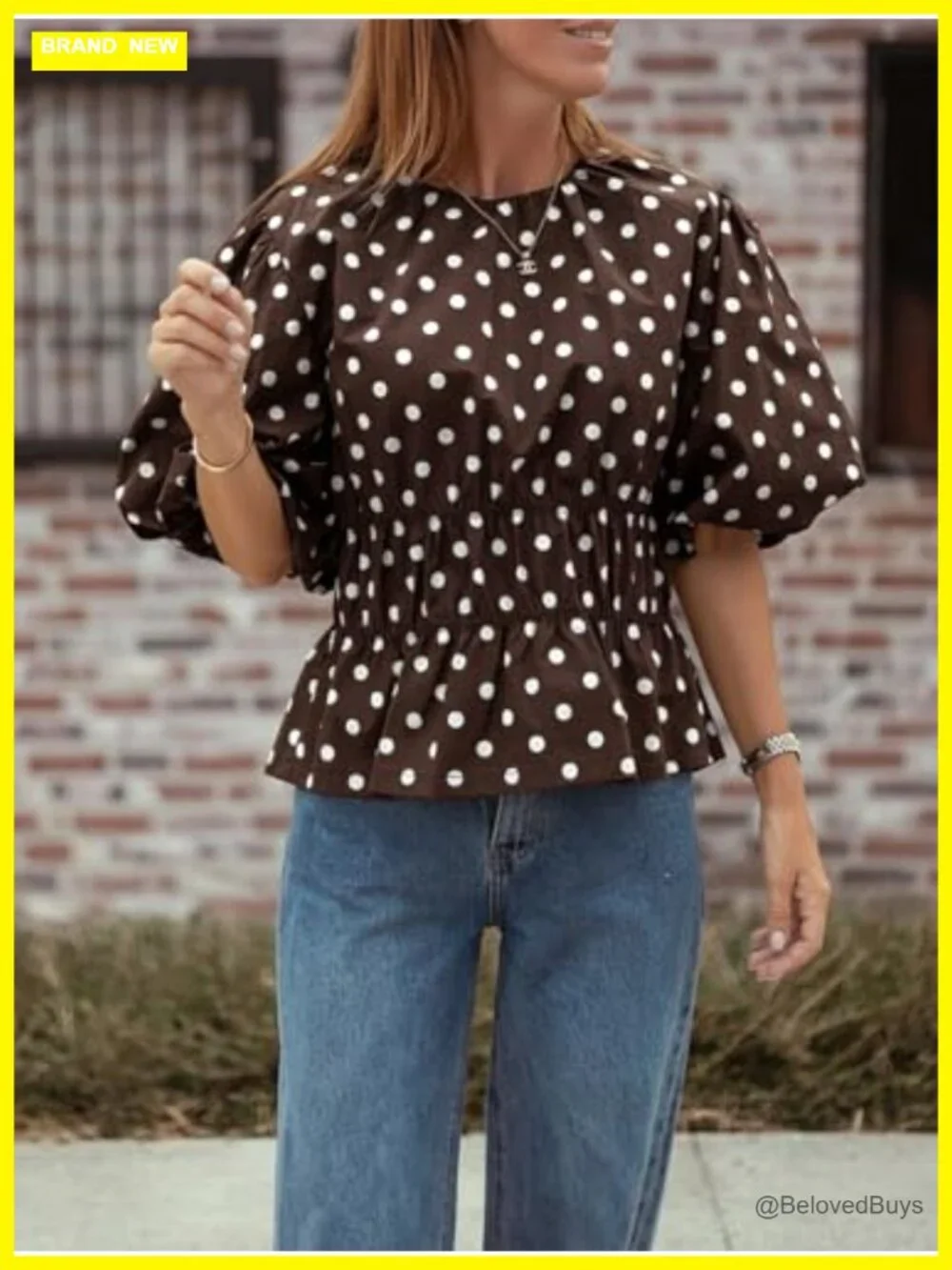 Polka Dots Peplum Top Puff Sleeve Round Neck Blouses Casual Shirts - Picture 2 of 7